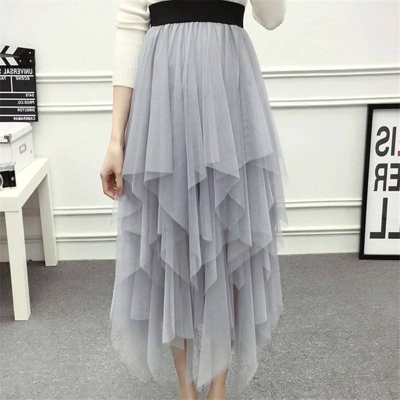 

2019 spring women's irregular gauze skirt Korean version a word skirt fashion veil skirt half long high waist pleated skirt