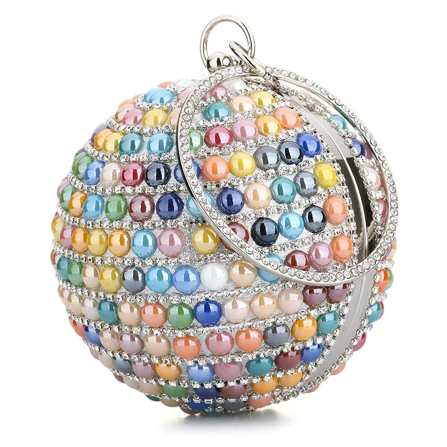 

HCH-Woman Round Ball Clutch Handbag Rhinestone Ring Handle Purse Evening Bag(color)
