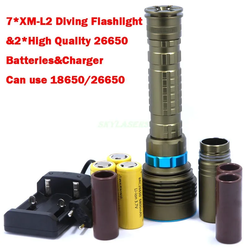 

14000LM 70W 7* XM-L2 LED Diving Flashlight Torch 200M Underwater Waterproof LED Flash Light Lantern+ 3*26650 Batteries+ Charger