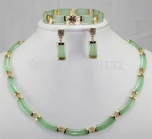 

Nobility bridal Woman's Noble green jade earring bracelet necklace set Wholesale Plated gold Jewelry silver hook