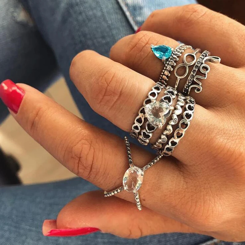 

Tocona 8pcs/set Combined Joint Rings for Women Vintage Silver with Crystal Decoration Carved Hollow Heart Love Letter Rings 6085