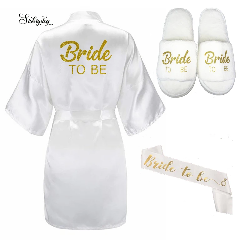 Sisbigdey/комплект из 3 предметов для невесты; халат; тапочки; Атласный халат с поясом; женские блестящие золотые вечерние кимоно для невесты
