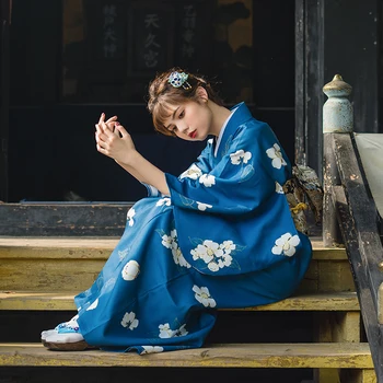

Blue Novelty Japanese Kimono Traditional Women Yukata Elegant Print Flower Girl Dress Gown Cosplay Costume Vintage Long Robe