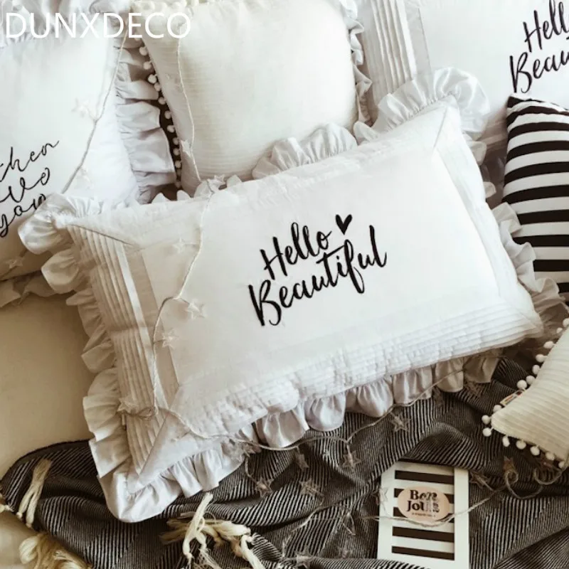 

DUNXDEC Pillow Case White Cotton Cushion Cover Fashion Black Words HELLO BEAUTY Embroidery Girl Room Decor 48x74CM