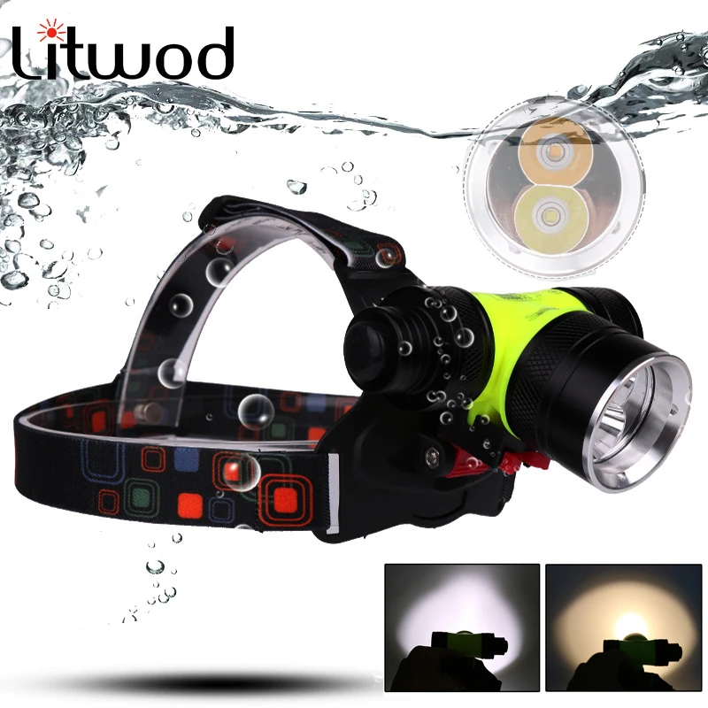 Litwod z20 D802 CREE XM-L T6 светодиодный налобный фонарь для дайвинга 18650 аккумулятор Головной фонарь подводный налобный фонарь белый и желтый цвет светильник