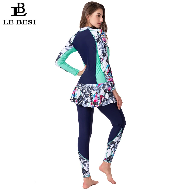 Online LEBESI 2019 Neue Frauen Ein Stück Rock Badeanzug Sport badeanzug Plus Size Bademode Drucken Langarm Hosen Zipper Surf anzug