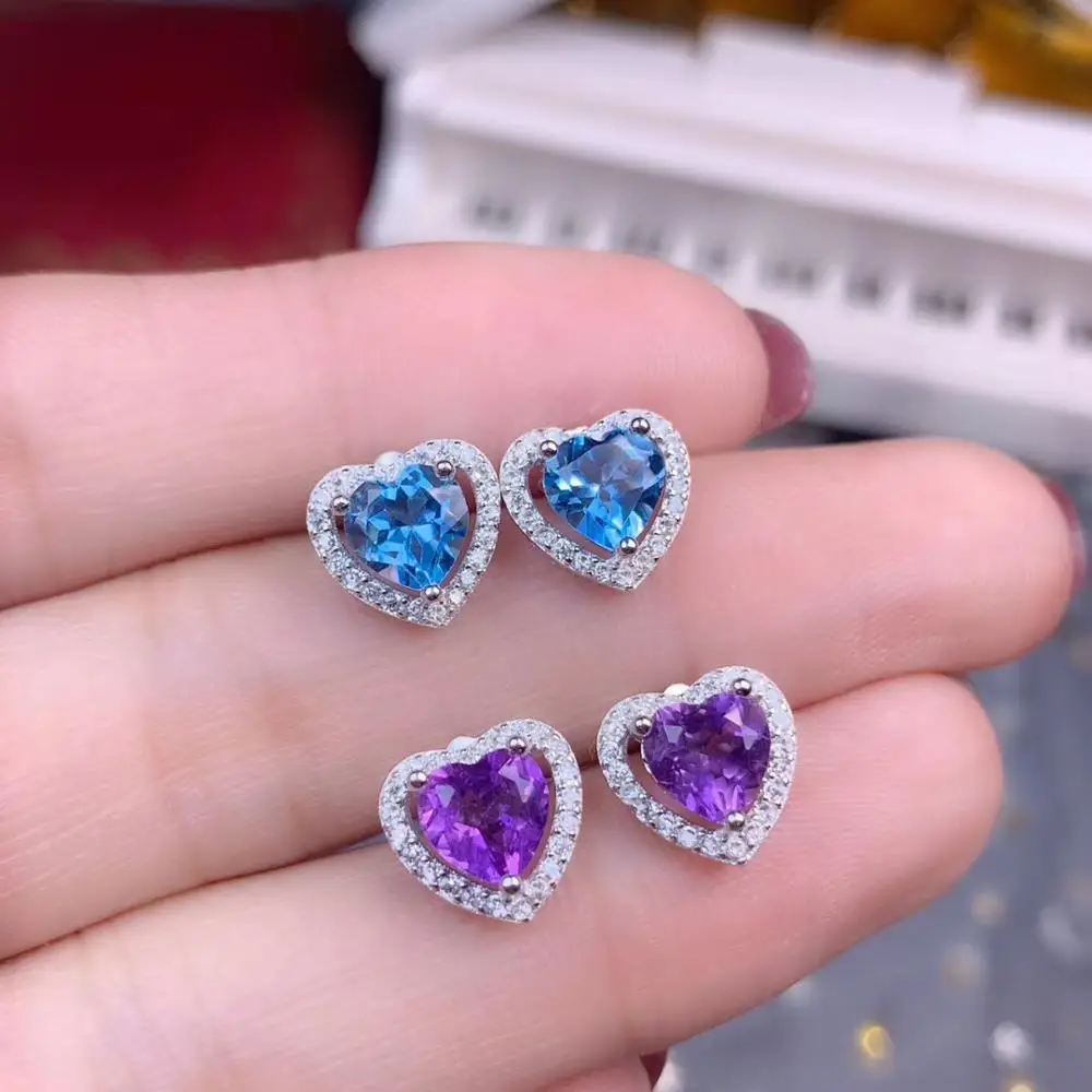 

heart style blue sapphire purple amethyst gemstone earrings women color jewelry 925 sterling silver natural gem birthday gift