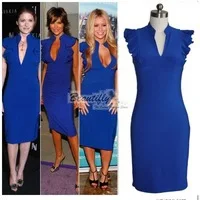2013 Spring Autumn Women Blue Europe and America of the original Paragraph Slim Flounce Sleeve V-neck Stretch Knee-Length Dress