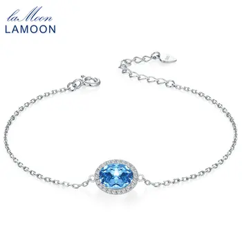 

LAMOON 100% Natural Blue Topaz Sterling Silver Jewelry White Gold S925 Charm Bracelets for Women Classic Party Bangles HI019