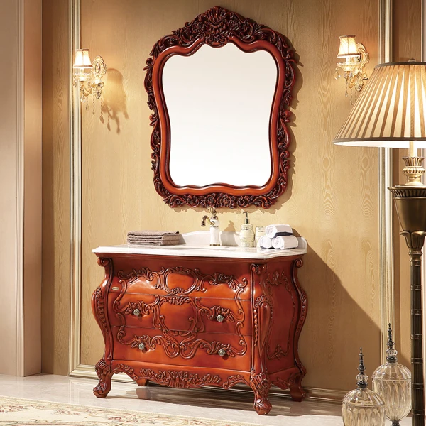

peach heart color oak cabinet and mirror, rose colored jade marble, single hole and single basin bathroom vanities