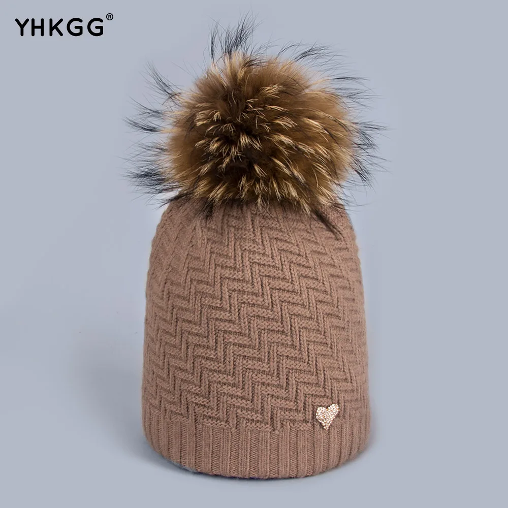 YHKGG Geometrik Skullies Beanies Vizon ve Fox Kürk Kış Şapka kadın Şapka Yün Örme Şapka Kız Giymek Kalın Kap Kadın H004