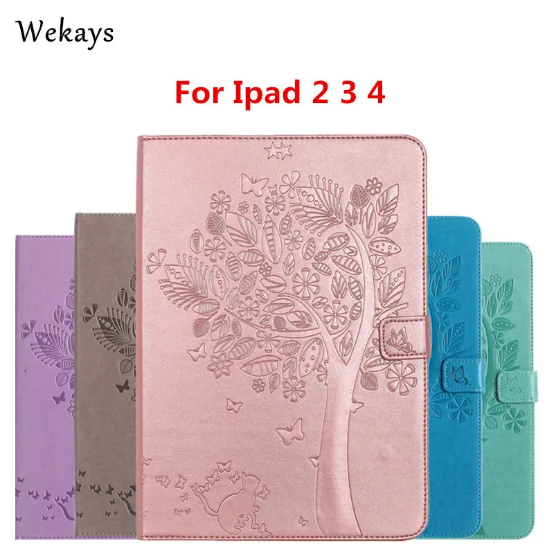 Wekays For iPad 2 3 4 Case Luxury Cartoon Cat and Tree Leather Flip Case For Apple iPad 3 ipad 4 Stand Full Cover Capa Funda