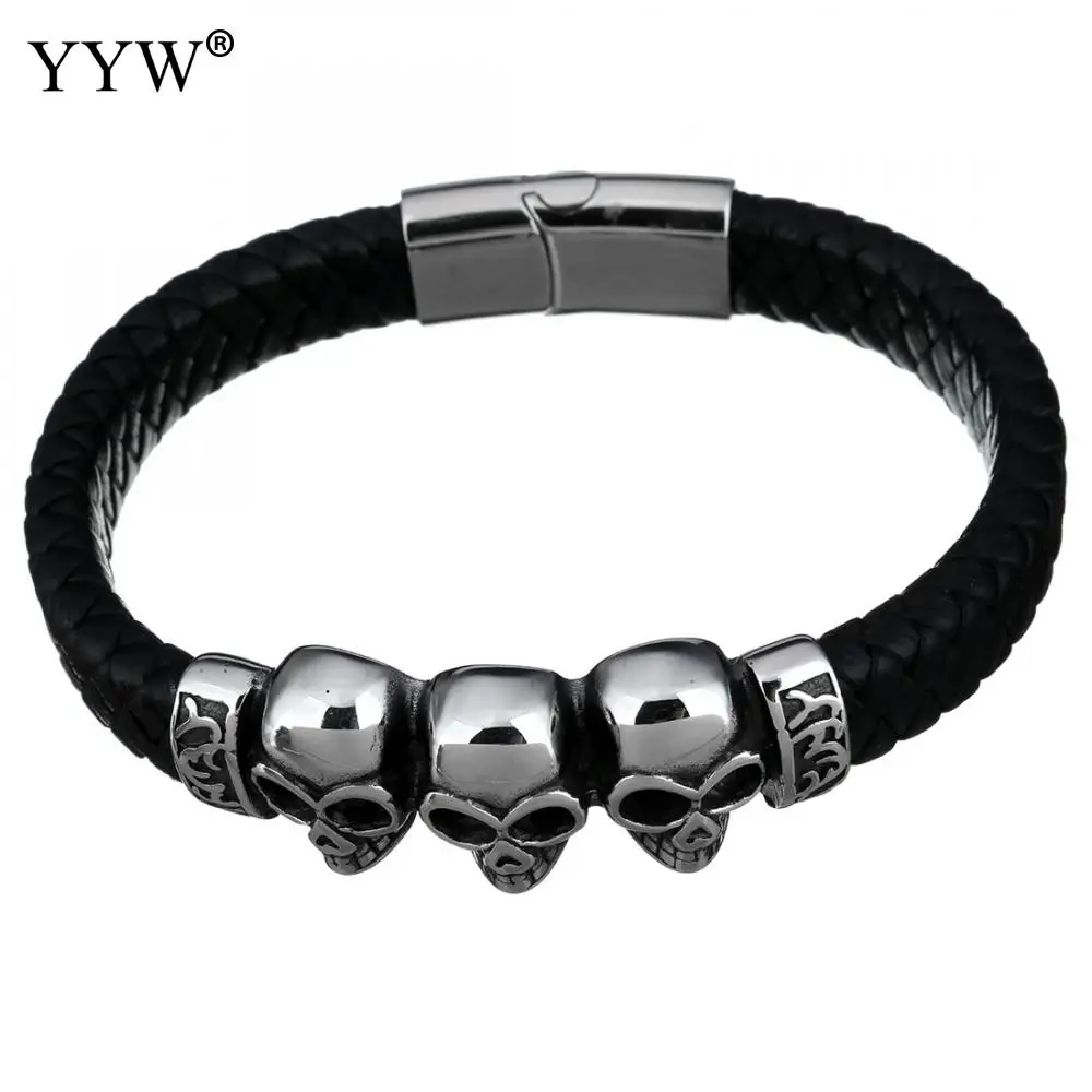 Skull Black Braided Rope Leather Bracelets Punk Rock Style Men Bracelet