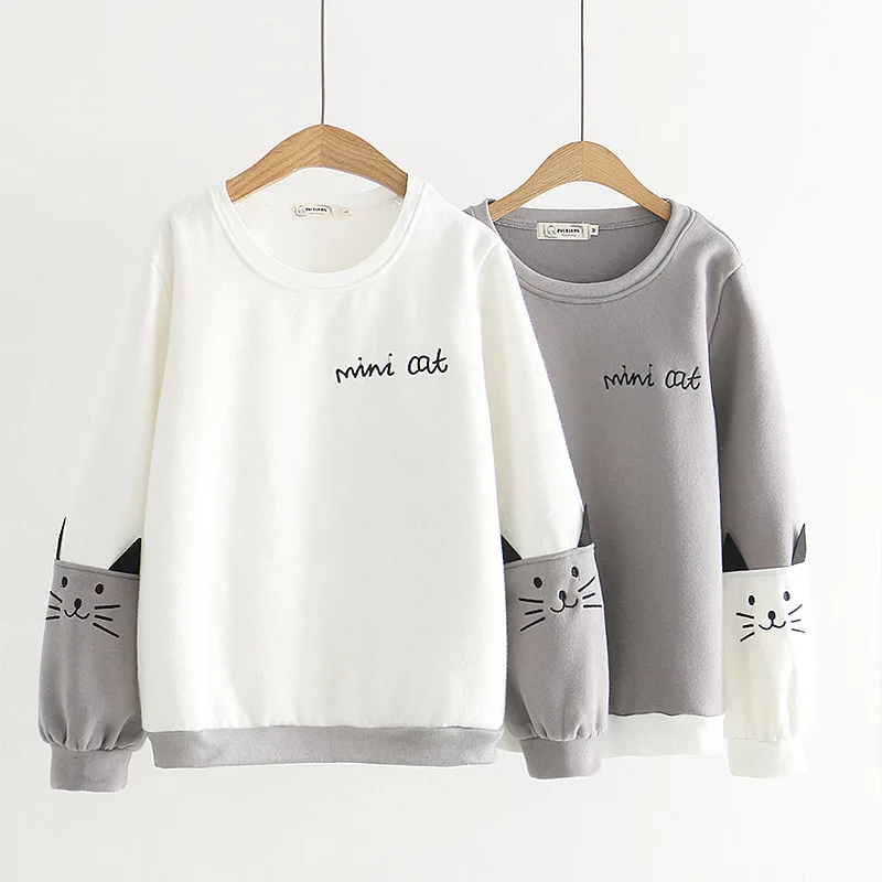 

Women Autumn and Winter Fleece Hoodie Cute Neko Atsume Cat Backyard Long-sleeved Letter Female Students Pullovers Top Hoodies