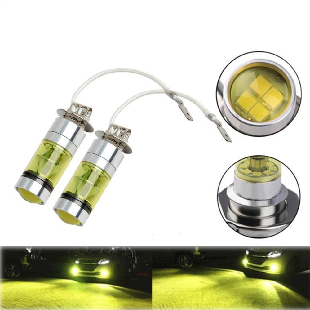 2pcs H3 100W Fog Light Yellow 2323 LED DRL Projector Lamp Bulb 1000LM