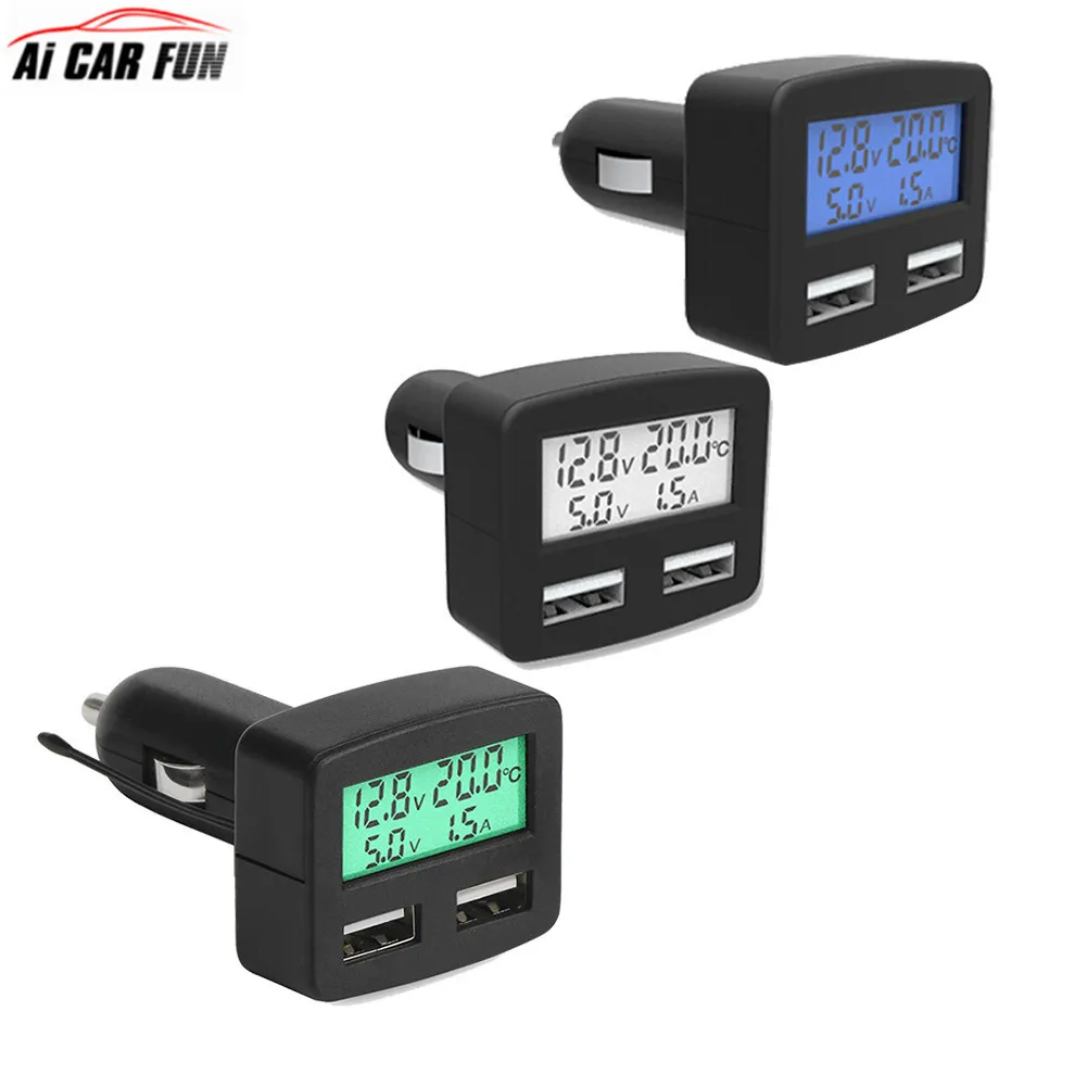 

Multi-function 5-in-1 Voltmeter Ammeter Thermometer Dual-USB LCD Meter Electric Car 3A Mobile Phone Charger with USB Ports