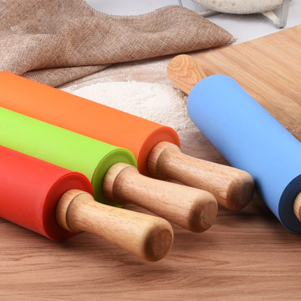 

Silicone Rolling Pin Non-stick Surface with Wooden Handle 15" Rolling Pin for Fondant,Pastry,Icing,Clay,Dough