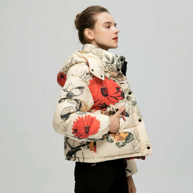 Automne Support Date Capuche Hiver 2018 Femmes D'impression Veste Bio Femelle Yo688 Moelleux Chaud Col Ynzzu À De Manteau Épaissir Mode Print Parka dIw778