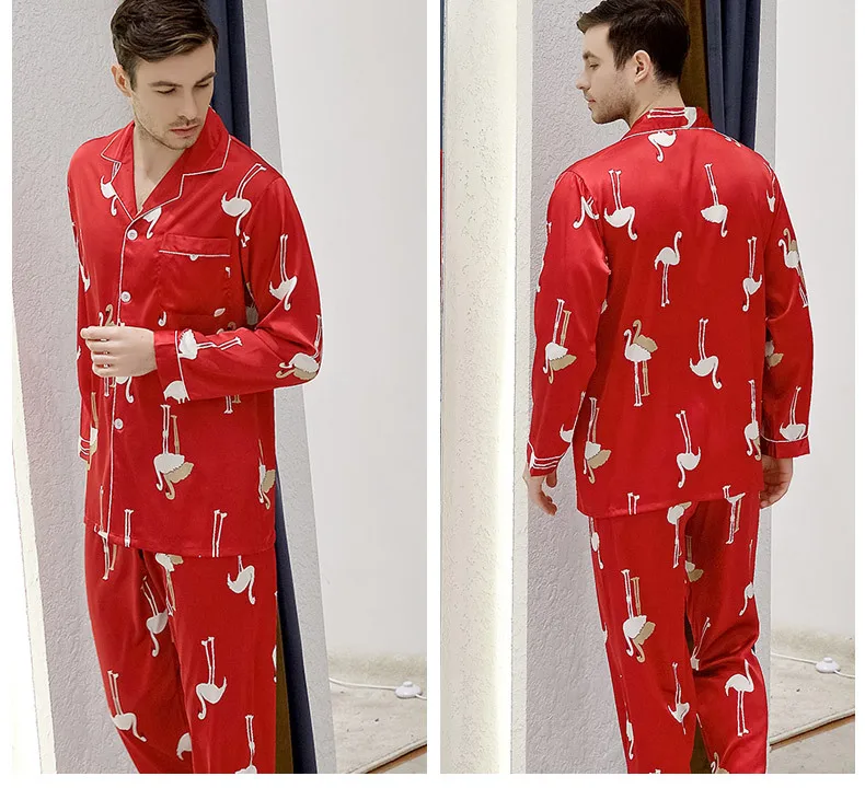 Весенне-осенняя парная Шелковая пижама для мужчин и женщин для влюбленных, Мужская пижама с длинными рукавами, комплект из двух предметов, домашняя одежда, пижама, одежда для сна с птицами