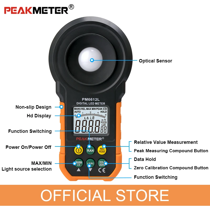 Официальный PEAKMETER PM6612L светодиодный цифровой аналоговый бар светильник Люкс метр 200000 Lux ручной светильник метр для светильник измерительный инструмент