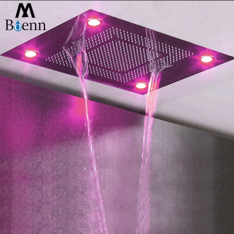 Ceiling Embedded Rainfall Waterfall LED Shower Head Big Water Curtain Showerhead Bathroom 600*800mm 3 Functions Showers Brushed