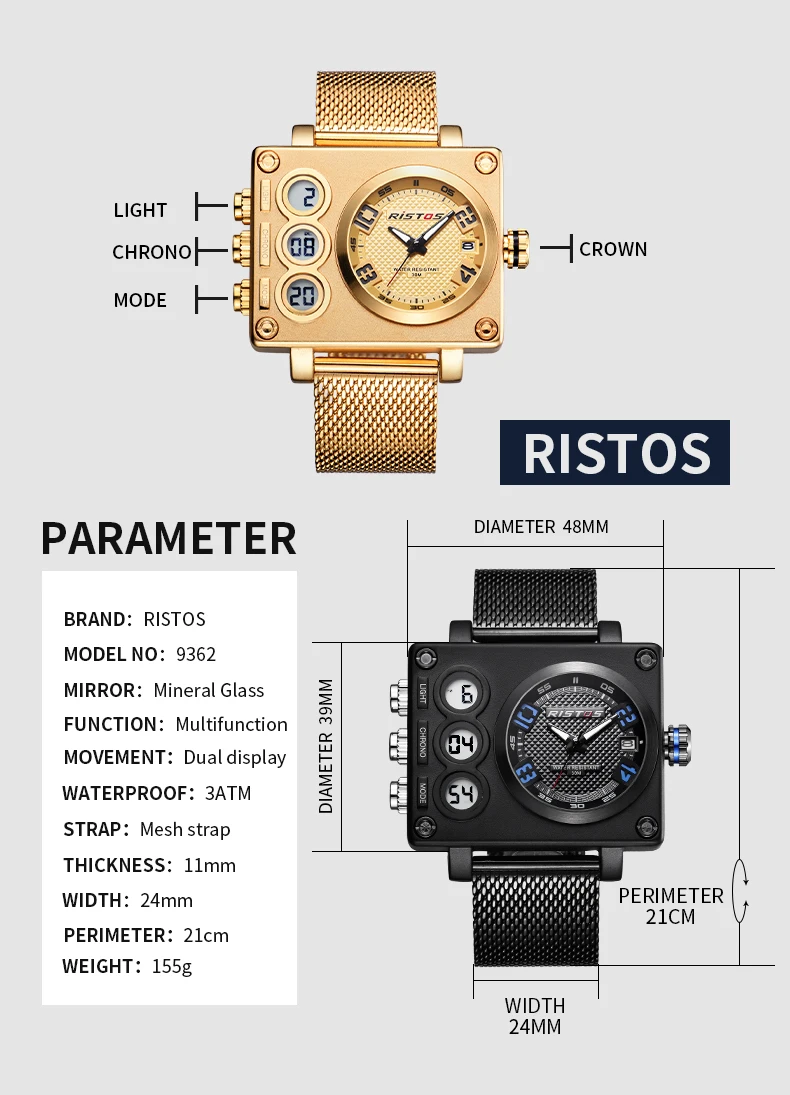 RISTOS, Топ бренд, повседневные многофункциональные мужские спортивные часы с хронографом, Цифровые мужские наручные часы, Relojes Masculino Hombre 9362