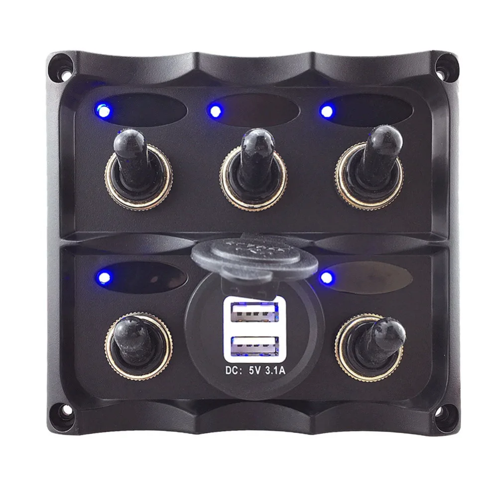 

Marine Grade Boat 5 Gang Toggle Switch Panel With Dual USB Chargering Ports 3 Fuse Holders Digital Battery Voltmeter