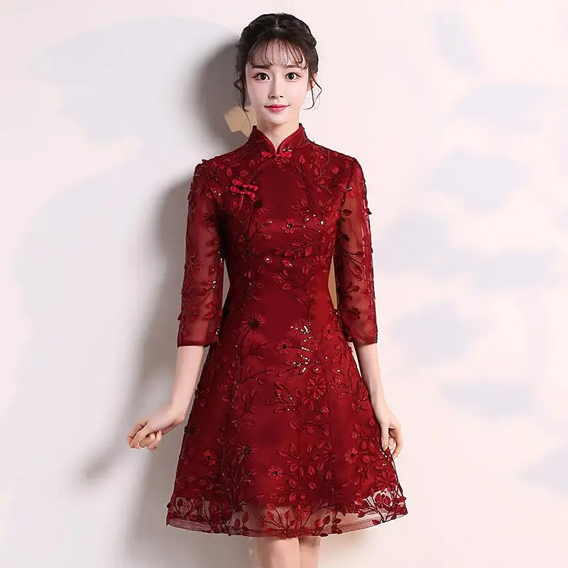 Новое летнее Мини Cheongsam модное китайское короткое стильное Qipao Восточное женское элегантное женское платье Вечерние тонкое платье Vestido Размер s-xxl - Цвет: Dark Red