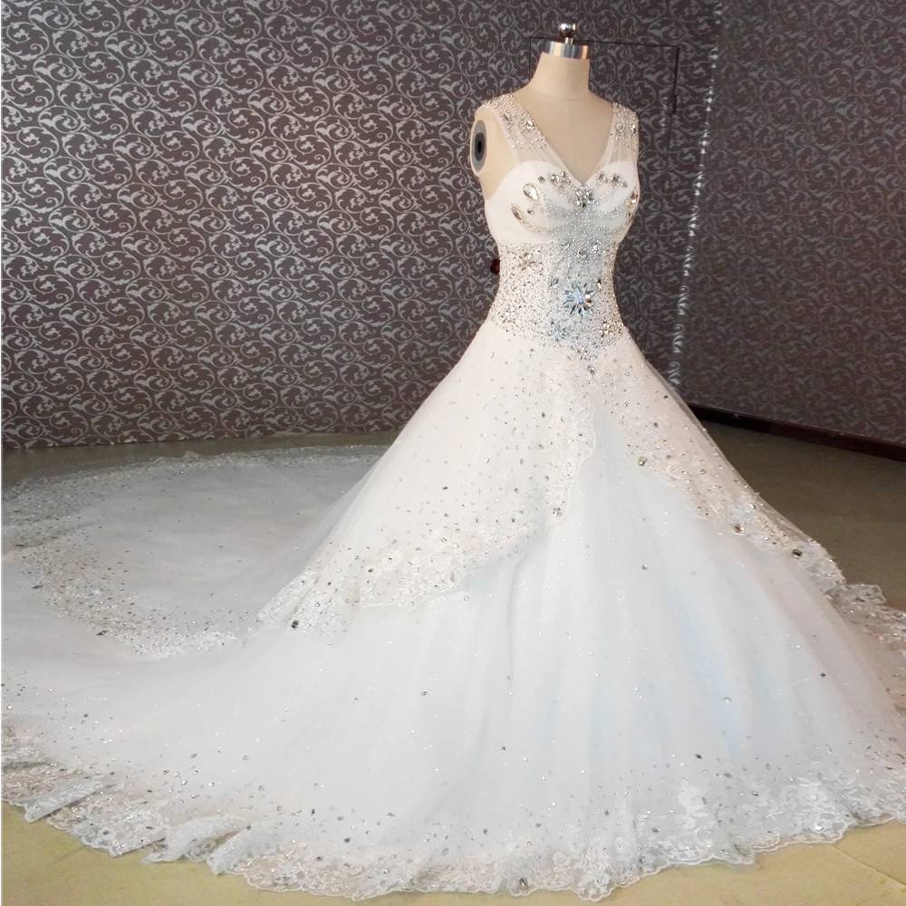 luxury crystal wedding dress bling very long train real sample wedding