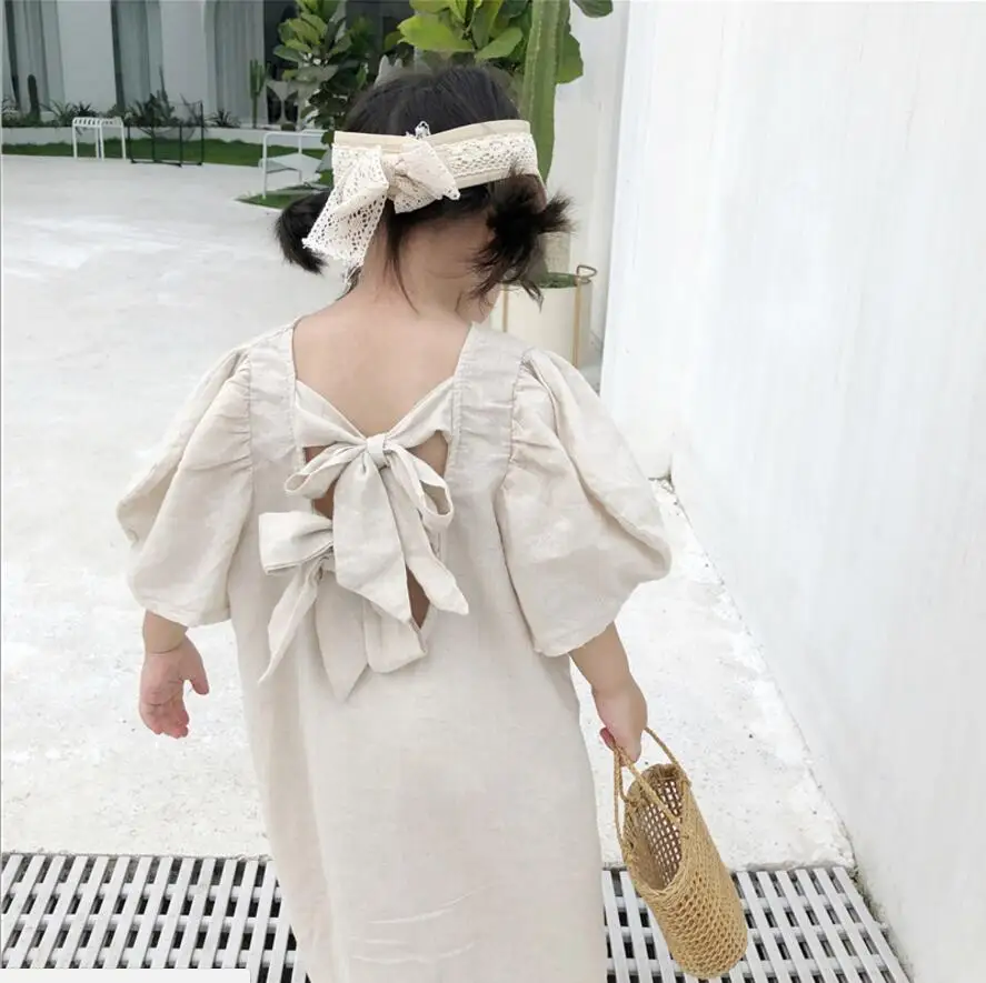 Хлопковые Платья для девочек; коллекция года; Летнее Детское платье с бантом и открытой спиной; модные милые праздничные платья принцессы; детское пляжное платье