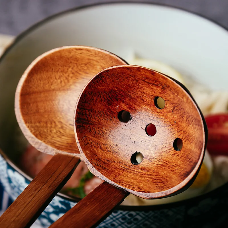 2Pcs Wooden Spoons Large Wood Spoon Set Japanese Style Ramen Soup Ladle Tablespoon Long Handled Kitchen Strainer Spoon Tableware (3)