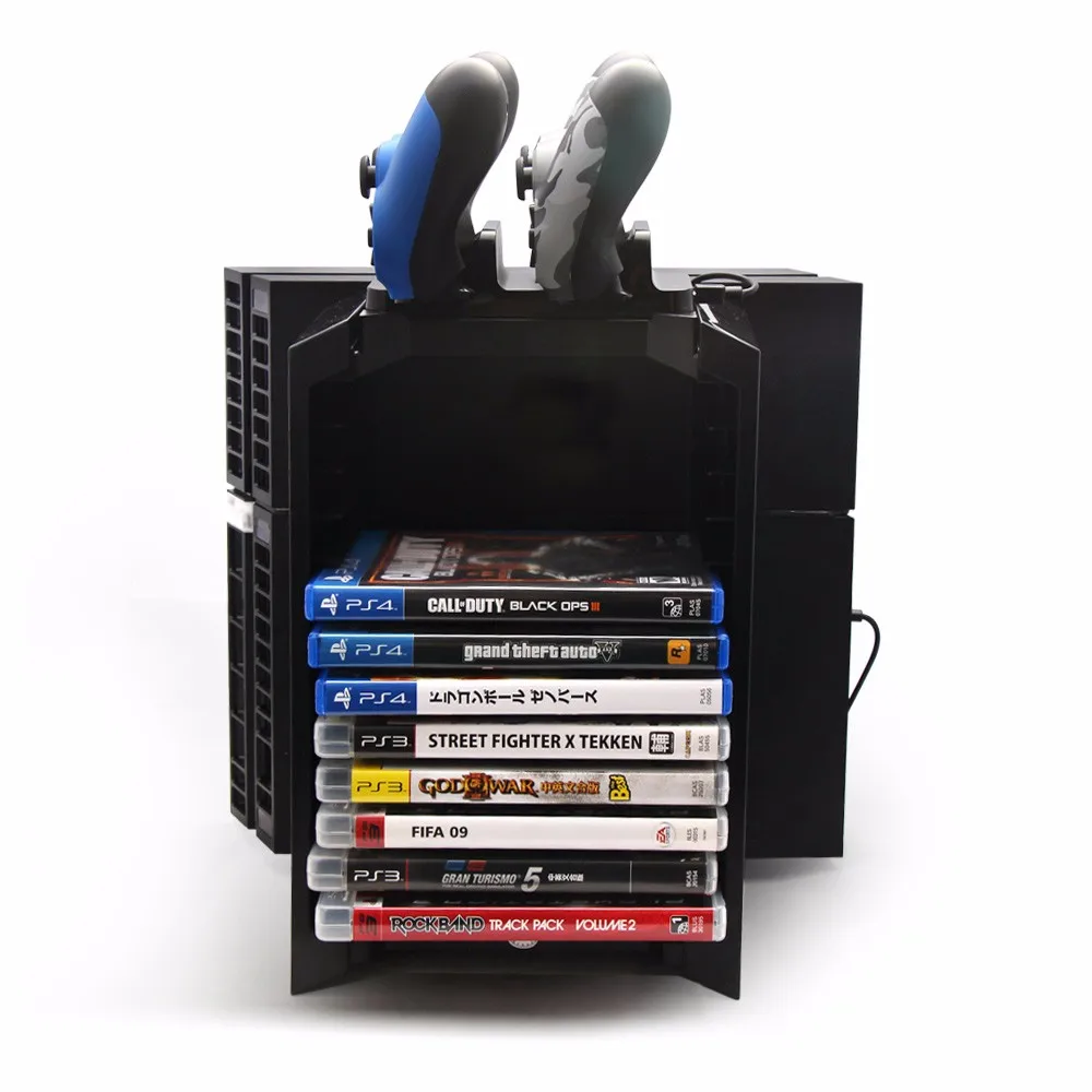 Multifunctional Disk Storage Tower with Controller Charging Dock and Console Stand for Sony Playstation 4 PS4