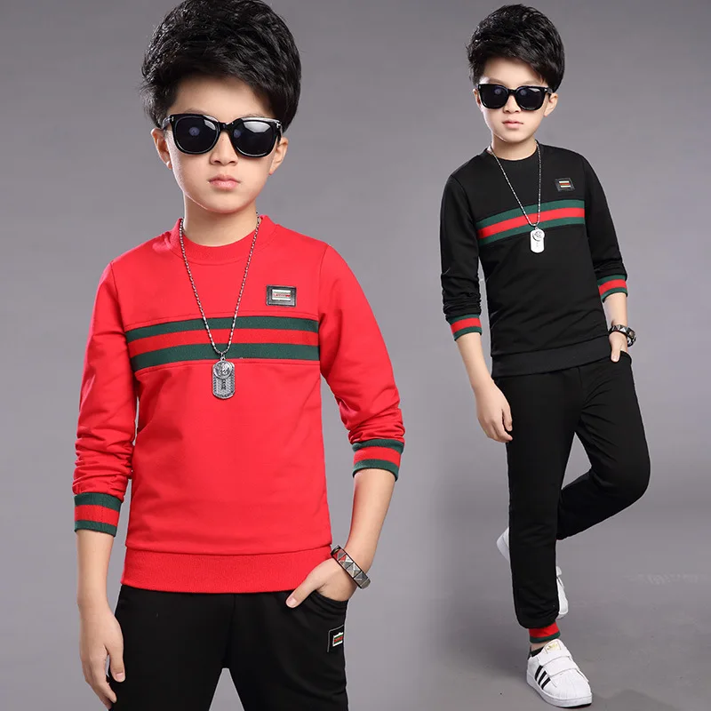 

2017 new boys spring tracksuits stripe children set red black long sleeve suit tshirt + pant for 7-11 12 13 14 years boy