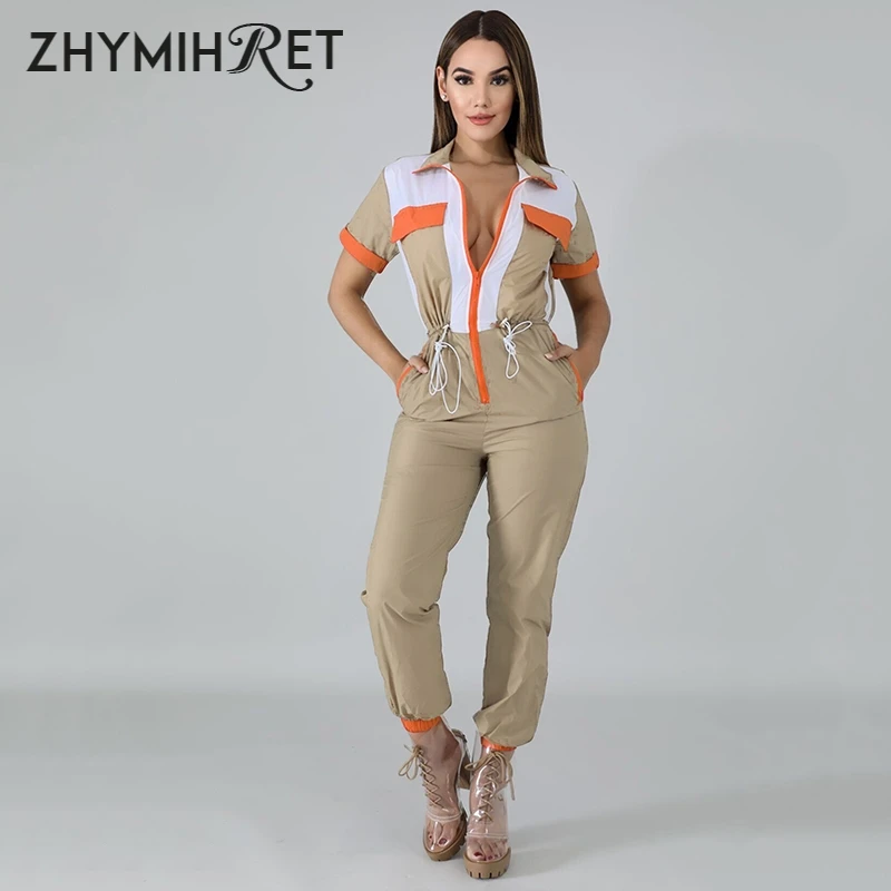 

ZHYMIHRET Zipper Front Patchwork Rompers Womens Jumpsuit Drawstring Pockets Turn Down Collar Combinaison Femme Casual Tracksuit