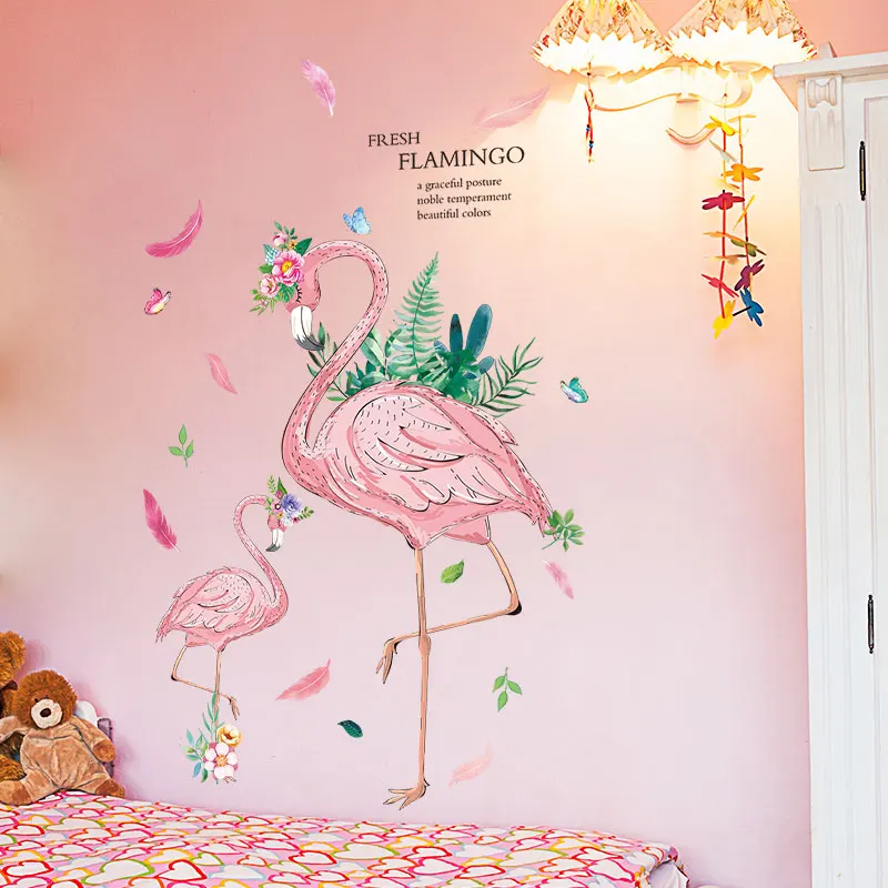 

[SHIJUEHEZI] Romantic Cartoon Flamingo Wall Stickers PVC DIY Birds Mural Decals for Kids Rooms Baby Bedroom Nursery Decoration