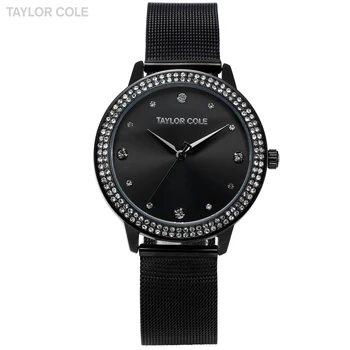 

Taylor Cole Luxury Round Full Black Crystal Case Lady Feminino Slim Quartz Steel Band Bracelet Clock Women Zegarek Damski /TC073