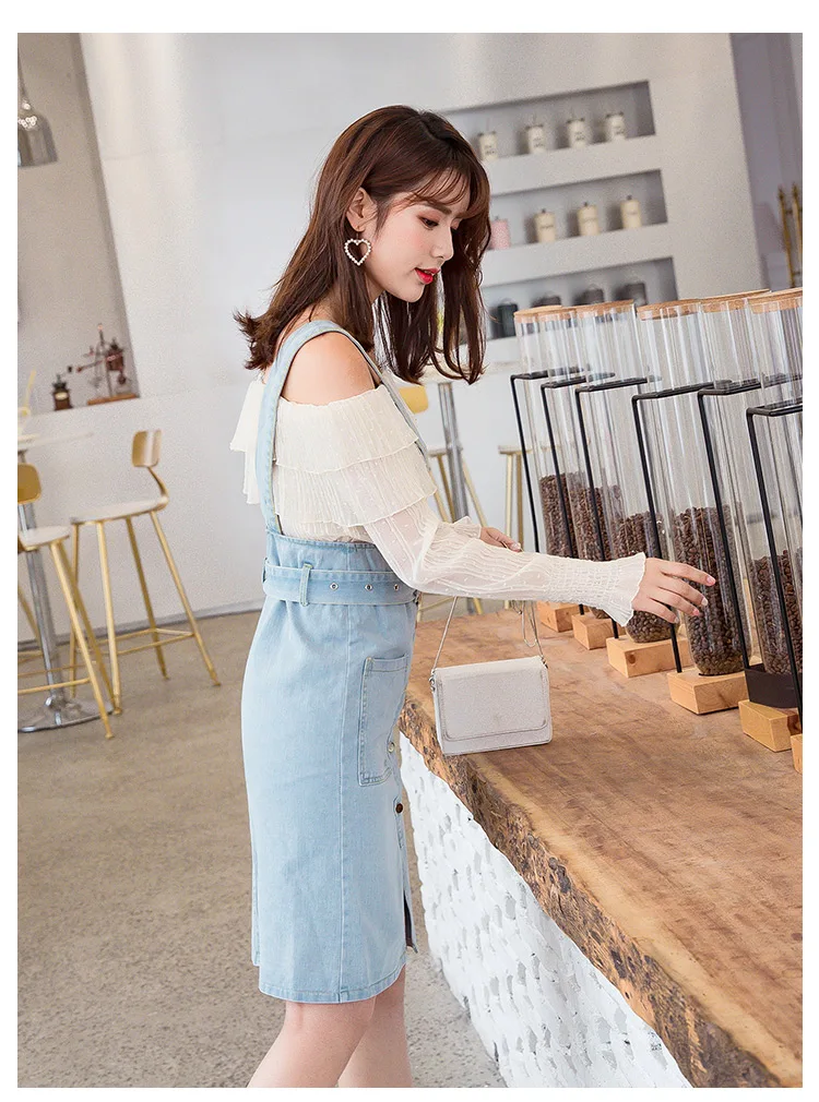 Women'S Skirt High Waist Suspender Denim Skirts With Sashes Spring Summer Elastic Student Jumper Overall Skirts Female