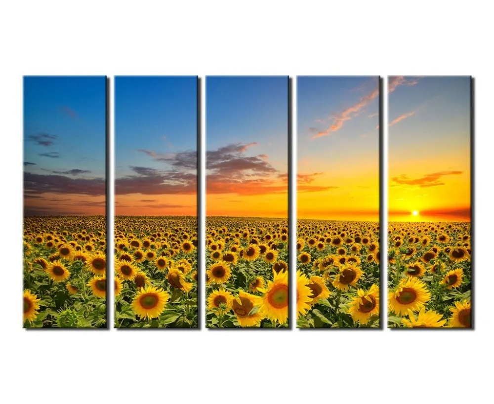 Canvas Prints Sunflowers 5 Panel Sun Flower Photo Wall Art Modern Giclee Work Sea Painting Picture Drop shipping | Дом и сад
