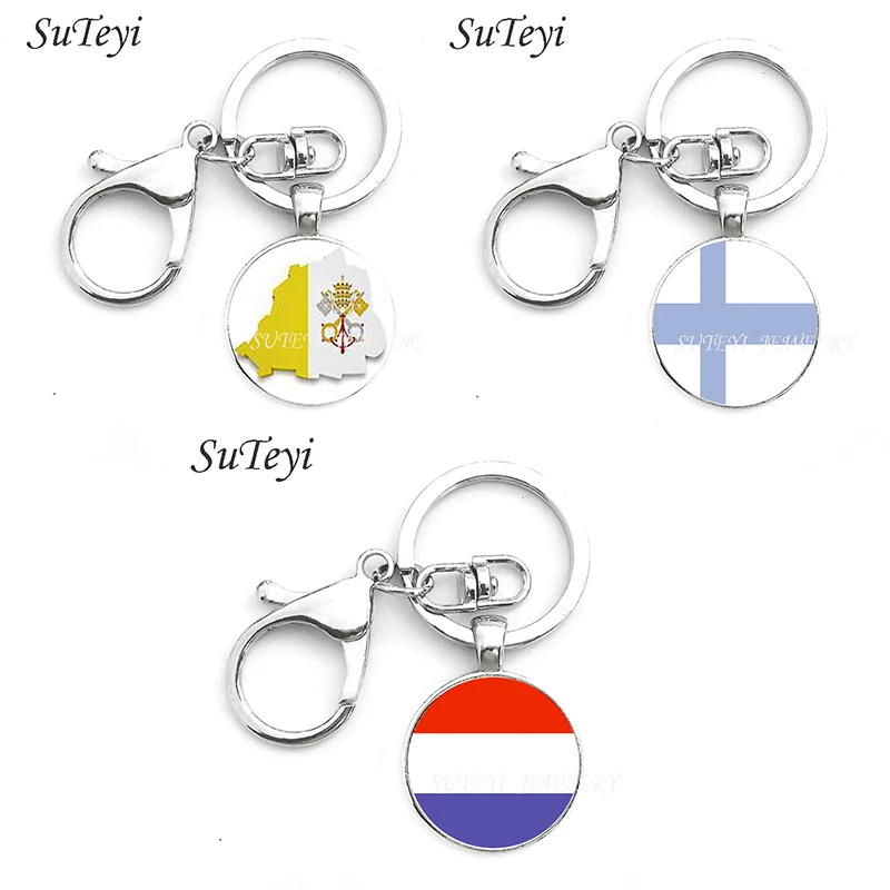 

Fashion The Vatican and Finland and the Netherlands Flag Keychain Personality Art Key Ring Jewellery Glass Cabochon Key Chain