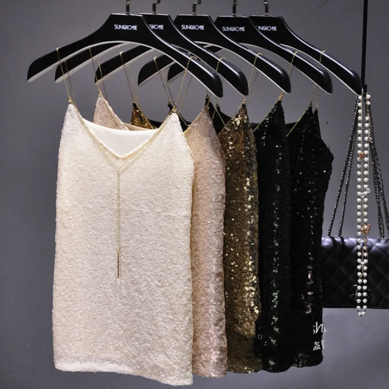 

Sexy Clubs Women Sequined Camis V-Neck Tank Tops Shiny Vest Stage Show Gold Chain Spaghetti Camisole Beading Party Tops