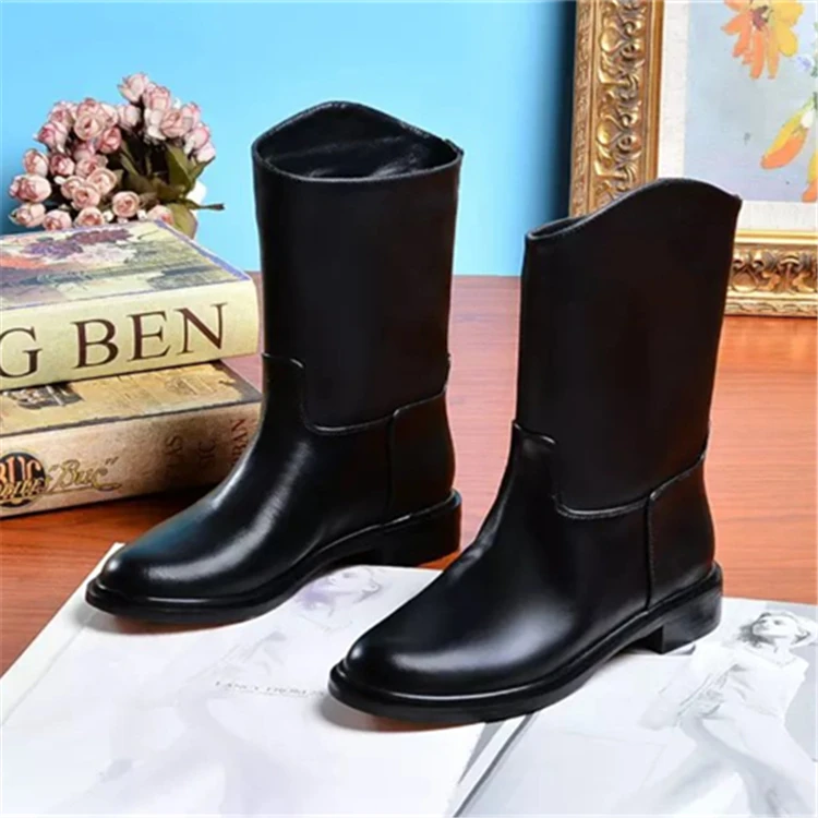 2016 Best Selling Black Leather Spring brand Shoes Women Round Toe Low brand Ankle Boots Pearl Fur Inside Martin Boots