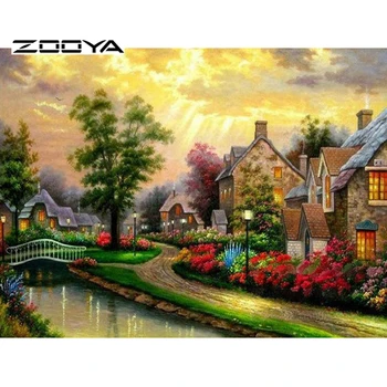 

Diy Diamond Painting European oil painting village scenery full drill Cross Stitch Pasted Painting Home Decor F75