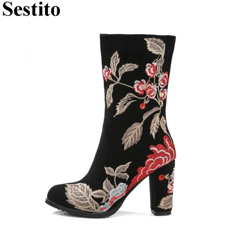 

Retro Black Flock Embroider Keep Warm Winter Boots Woman Round Toe Hoof Heels Mid-Calf Boots For Women Zip Casual Women Shoes