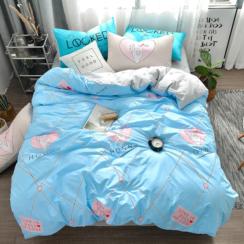 

Pink heart print Simple style bedding set cotton fabric 3/4pcs Twin Queen Size duvet cover flat sheet pillowcase