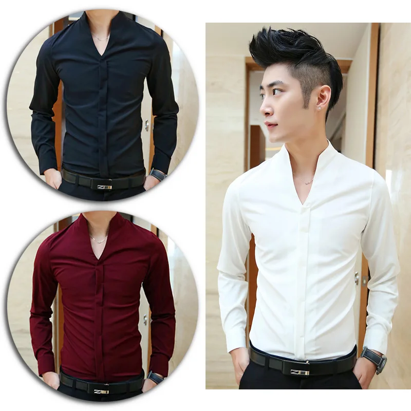 Men Korean Stylish Fashion Collarless Dress Shirt Long Sleeve Skinny