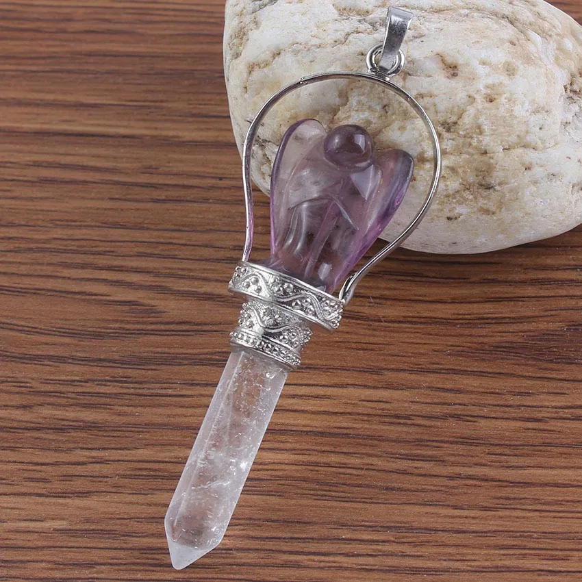 Natural Gnergy Gemstone~ Natuarl Healing Crystal Quartz Hexagonal Carve Angel Stone Pendulum Pendant Fluorite Pink Quartz Opalite Opal Women Jewelry 10 AA00201024308a