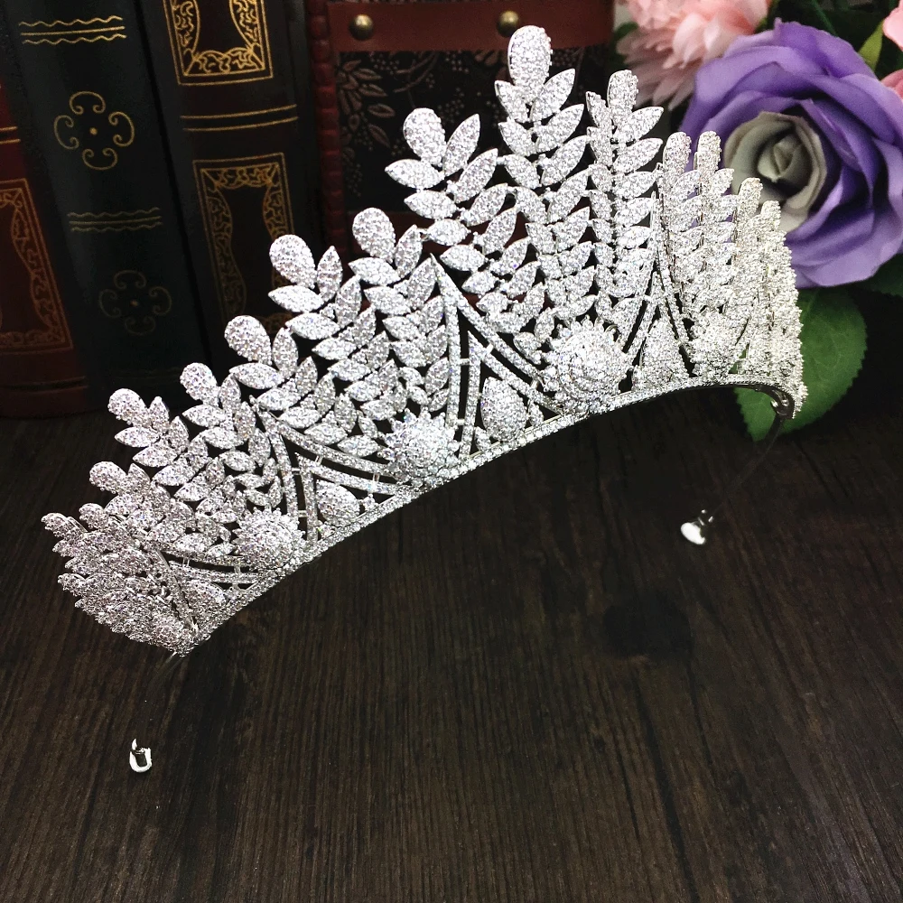 

Wheat Full Cubic Zircon Tiara Large Zirconia Crown CZ Diadema Bridal Coroa Wedding Hair Accessories Bijoux Cheveux WIGO1342