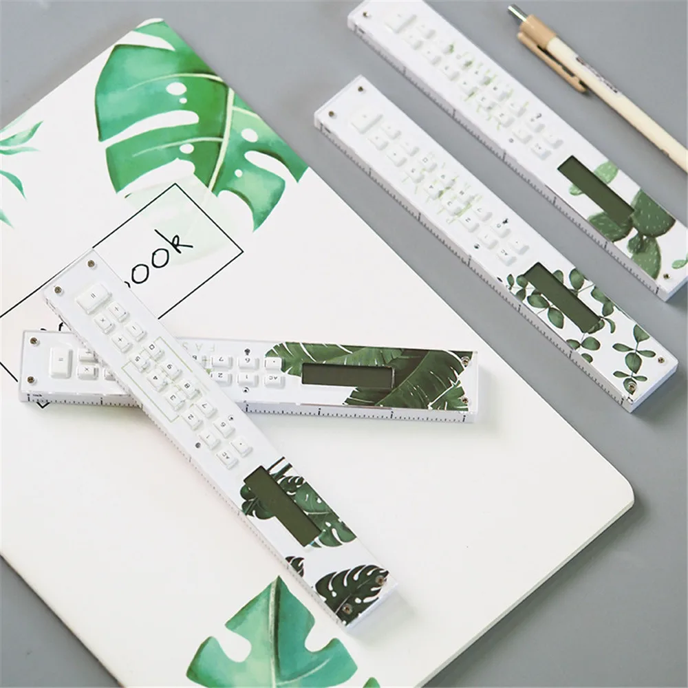 Novelty Green Plants Ruler Calculator Multifunction Straight Precision Measuring Tool Office School Supplies Kawaii Stationery