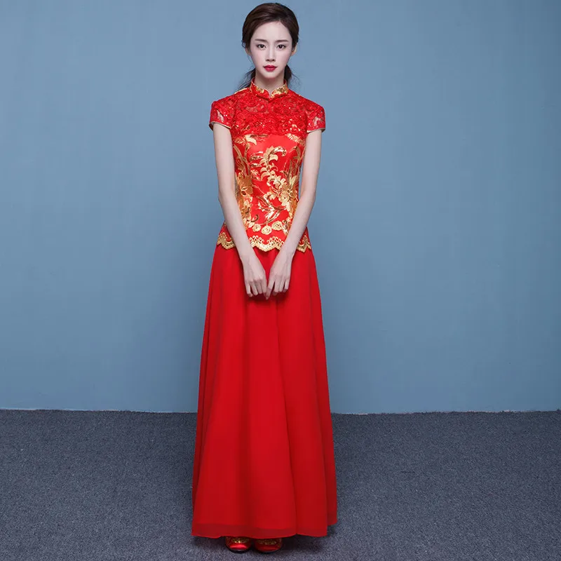 Новое платье Чонсам Для женщин Красный Кружево Китайские женские халаты Блёстки китайский Свадебные платья Двойка длинные Халаты Qipao