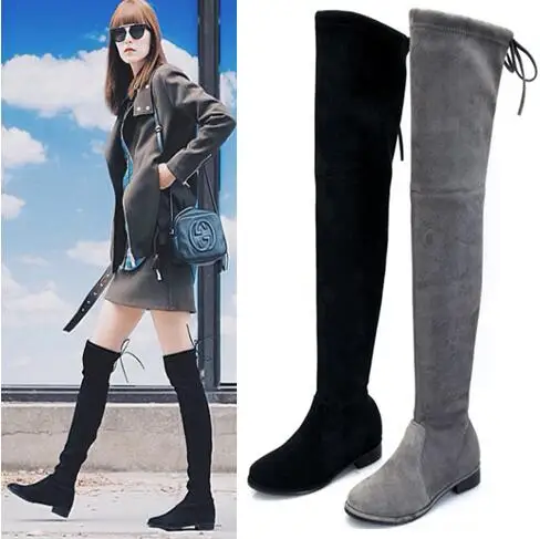 CX1177 Natural sheepskin Stretch boots Over the Knee boots women flats  genuine leather shoes woman elastic thigh high boots _ - AliExpress Mobile